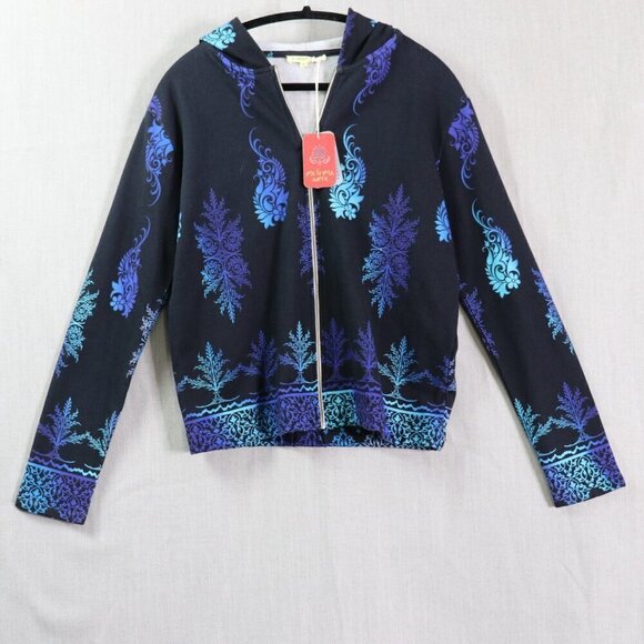 Pashma Arte Jackets & Blazers - Pashma Arte Hoodie Women’s M Black Blue Cotton Fleece Hand Dyed Print NWT
